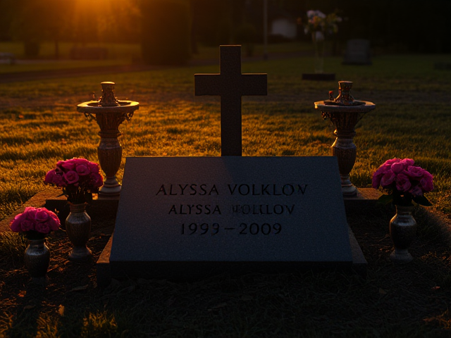 A grave that has the name 'Alyssa Volklov 1993-2009' engraved on it with roses in vases surrounding it at night