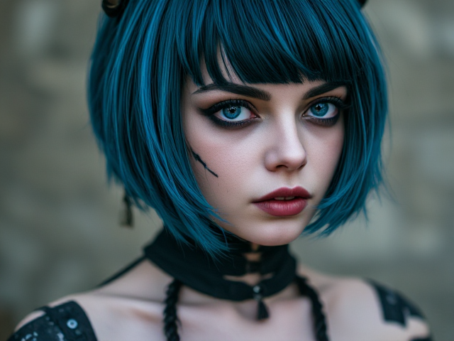 Nymph goth girl, with face tattoos as prosthetic robotic, blue black short hair.