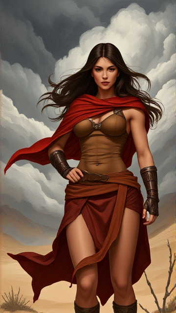 **BASETEXT:** 
A full shot of a female figure, likely a warrior or adventurer, presented in a dramatic, painterly style. She has long, dark hair flowing behind and around her, her expression serious and intense with a focused gaze directed slightly upward and forward. Her features are strong and sculpted, with noticeable musculature, especially in her arms and torso. She wears a reddish-brown draped garment, resembling a shawl or cloak that falls over her shoulders and down to her lower body. Beneath this, she sports a fitted, dark tan top with embellishments and a reddish-brown skirt-like garment that wraps around her waist and down her legs. Her forearms are protected by arm guards or wraps, decorated with metal or leather straps. The background suggests a dramatic, stormy or desert environment, with swirling clouds of various gray and white shades filling the upper portion of the scene, creating a dynamic atmosphere. The lower portion emphasizes a barren, light brown landscape, with a few twigs or branches visible toward the bottom right. The overall style blends realism with stylized, illustrative qualities, reflected in the strong lines, bold colors, and dynamic rendering of fabric and figure.

**SUMMARY1:** 
This piece showcases a powerful female warrior or adventurer, captured in a dramatic, painterly style. Her long, dark hair flows behind her, and her intense, focused gaze complements her sculpted musculature. She wears a reddish-brown cloak and fitted top, accented by arm guards with metal or leather details. The background presents a stormy or desert landscape, with swirling clouds and barren land, further amplifying the character's strength and determination. The style combines realism with a bold, illustrative quality, emphasizing the figure's form and dramatic setting.

**OUTPUT:** 
Create a realistic, impressionistic painting, and meticulously detailed, dramatic, realistic, sfumato, vibrant, painterly painting with sharp detail in the foreground, masterfully signed by Tomelee. The artist expertly b