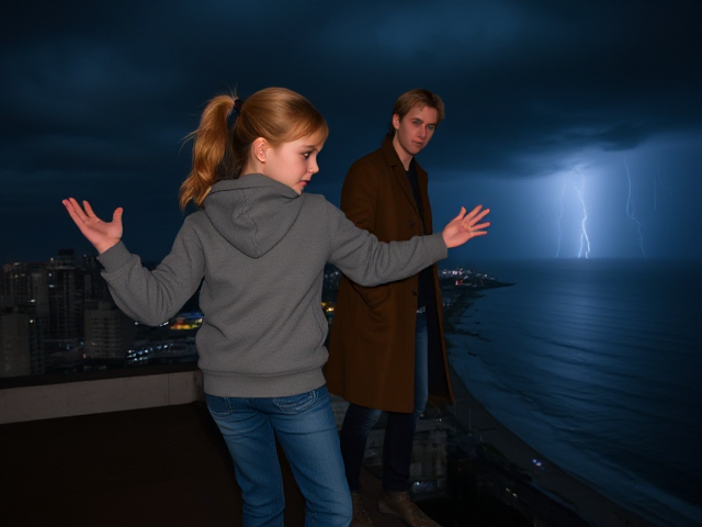 A petite 13-year-old girl with strawberry blonde hair in a ponytail, wearing a hooded pullover and jeans, is stepping onto the roof ledge of a night club.  behind her, is a modern-day, pale skinned vampire in his late twenties, with blonde hair, dressed in a brown trench coat and jeans. He appears uneasy as he looks at her. The girl gestures angrily at him, flailing her arms. A thunderstorm approaches the cityscape from the sea shore. Set at night.