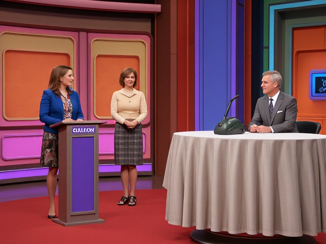 A game show studio with a host and two contestants. the contestants are standing at a small lectern and the host is to their right sitting at a high table. there is a high table covered with a cloths with a vacuum cleaner sitting on top. the studio set is decorated with a retro 70's and 80's aesthetic, colorful retro.