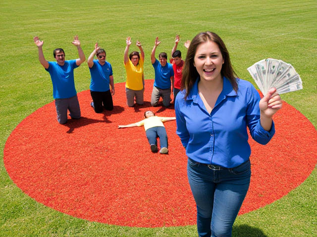 A bright, sunny outdoor scene on a grassy field with a bold red circle on the grass. Inside the circle, there are 8 people standing or kneeling in a close group, wearing colorful shirts: 3 blue, 3 red, and 3 yellow. They all look surprised, with their arms raised and mouths open in shock. One person is lying down inside the circle, also looking shocked. In the front, outside the circle, a woman stands closer to the camera, wearing a blue shirt and jeans. She is holding a fan of money in one hand and has a very excited expression, with her mouth open and eyes wide. The camera is focused more on the woman, but the group behind her in the circle is clearly visible. The camera angle should be slightly tilted downwards, with the woman larger in the frame, while the group inside the circle appears smaller in the background. The lighting should be bright, matching a sunny outdoor scene.