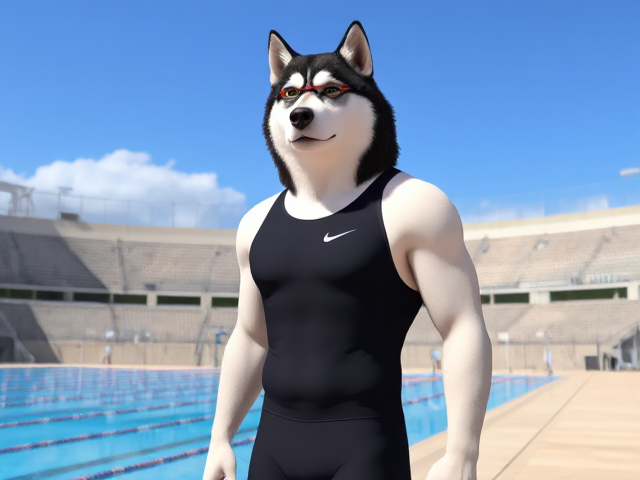 A tall and lean anthropomorphic Alaskan malamute with a long torso and broad shoulders, wearing a Nike one-piece swimsuit and swimming goggles while standing next to a Olympic-Sized swimming pool