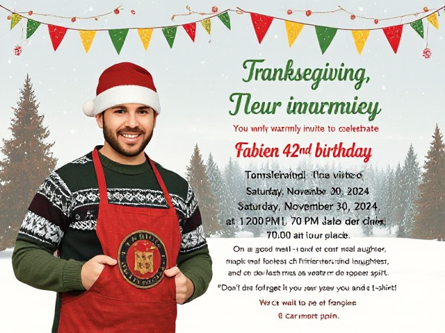 Chère Famille,

Vous êtes chaleureusement invités à célébrer le 42e anniversaire de Fabien, le samedi 30 novembre 2024 à 19h00, chez nous, sous le thème Tanks-giving. Pour un militaire francais qui passe chef. Merci d’écrire le tout en français french

Au programme : un bon repas, des rires, et un concours du meilleur pull ou t-shirt de Noël ! N’oubliez pas votre bonne humeur et votre esprit festif !

On a hâte de vous voir pour célébrer ensemble !