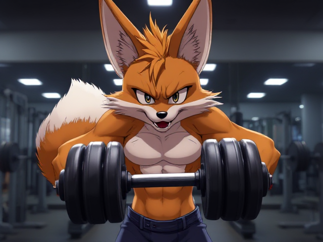 Miles Tails Prower, the two-tailed anthropomorphic fox, in a gym weight room, struggling very hard to lift a dumbell