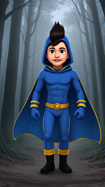 Cartoon Video Game Cutscene: A preteen 12-year old boy with light skin and freckles on his cheeks named Kyle Lipton, but transformed into a superhero named Dr. Dimensionpants, who, despite still being a kid, has an extremely muscular body. He wears a tight blue hood outlined by a yellow line that covers the back half of his head and leaves his ears exposed, with a smooth, slicked back black mohawk on top. He also wears a sleek blue bodysuit outlined with yellow lines on the cuffs of the sleeves and pants, a golden belt with a circular buckle, black boots, and a really big, heel-length long, ultra-wide blue cape with a really big collar outlined with yellow lines wreathed around his neck held up by a golden button. The pupils in his eyes are green, and he has a long black twin moustache. He also has incredible, invincible, and cosmic superpowers flowing through his veins. He is currently walking through a dark, foggy forest, searching for a lost citizen to rescue as he looks around, making sure to keep his guard up for anything that could attack him at any moment,