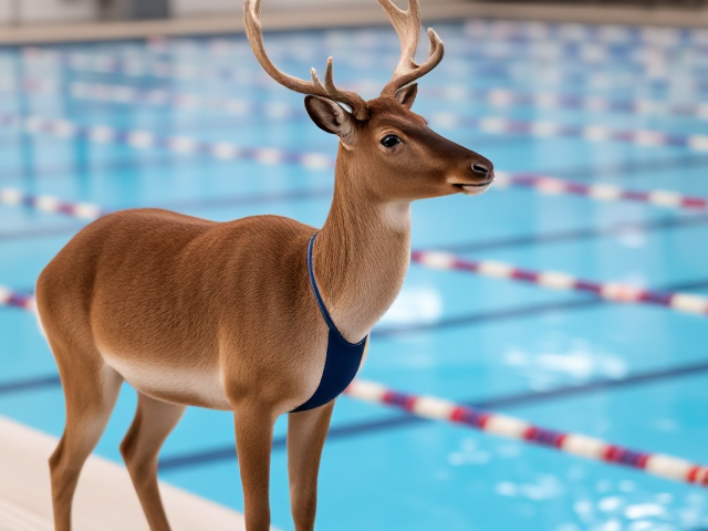 A caribou Olympic swimmer standing on the pool deck while wearing a one piece swimsuit