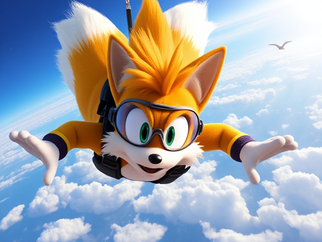 Miles Tails Prower, the two-tailed anthropomorphic fox from the Sonic the Hedgehog video game series, skydiving from a plane with his tails spinning rapidly for control, diving straight downwards at a 90 degree angle with a determined expression on his face. The background is vibrant and colorful, depicting a bright sky and fluffy clouds, with rays of sunlight breaking through the clouds and some birds flying in the distance. His fur is detailed and his goggles reflect the light beautifully, adding to the dynamic feeling of his dive