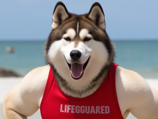 A anthropomorphic alaskan malamute with broad shoulders wearing a red lifeguard one piece swimsuit