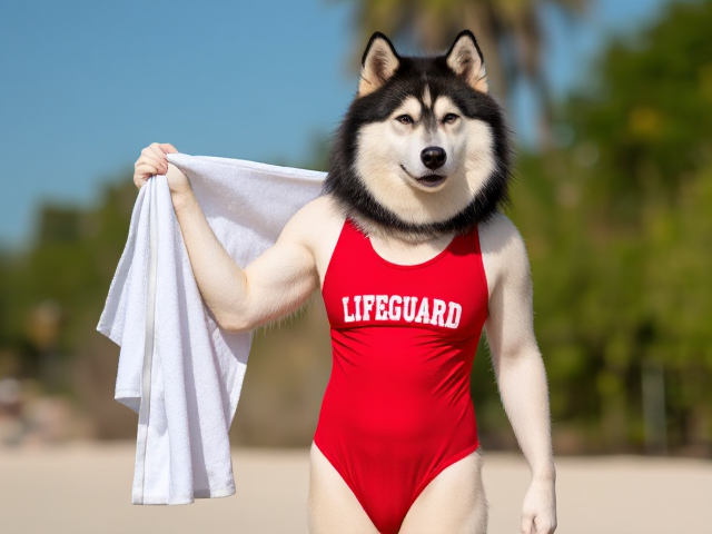 A anthropomorphic alaskan malamute  wearing a red lifeguard one piece swimsuit drying off with a towel