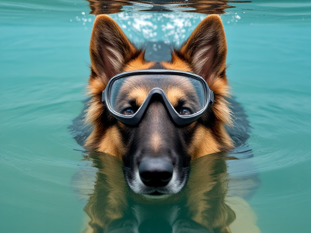 A Long haired German shepherd wearing freediving goggles with her head above water
