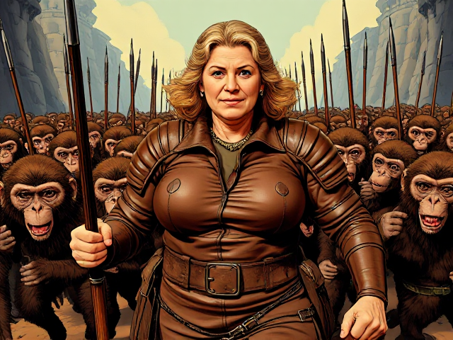 Fat older woman in brown leather armor leading army of monkey's