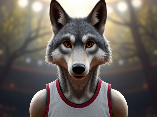 A tall and lean anthropomorphic gray wolf basketball player