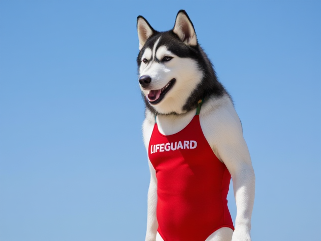A tall anthropomorphic Siberian husky wearing a red lifeguard one piece swimsuit drying off with a towel