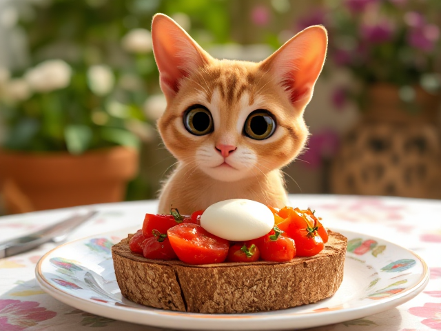 Una bruschetta pomodorro e mozzarella. Assiette en céramique florale et colorée. Lieu : terasse en Sicile. Un chaton joue avec une pelote de laine sur la table.