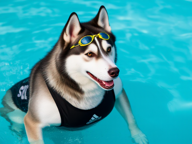 A anthropomorphic Siberian husky wearing an adidas swimsuit and swimming goggles