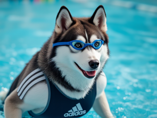 A anthropomorphic Siberian husky wearing an adidas swimsuit and swimming goggles