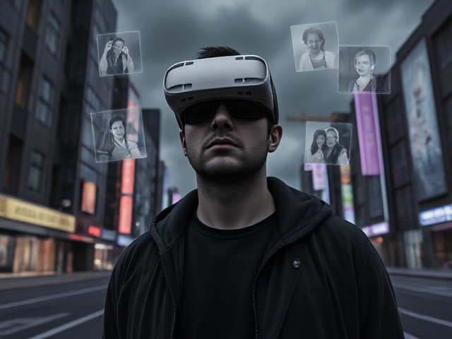 Un homme portant des lunettes de réalité augmentée se tenant seul dans une ville futuriste déserte, la tristesse émanant de son expression, les hologrammes flottants autour de lui montrant des souvenirs heureux du passé. Le fond comprend des bâtiments néon et des cieux nuageux, l'architecture moderne contrastant avec l'atmosphère mélancolique. Style cyberpunk avec un éclairage tamisé et dramatique venant des hologrammes et enseignes lumineuses. Angle de vue légèrement en contre-plongée pour accentuer le sentiment d'isolement