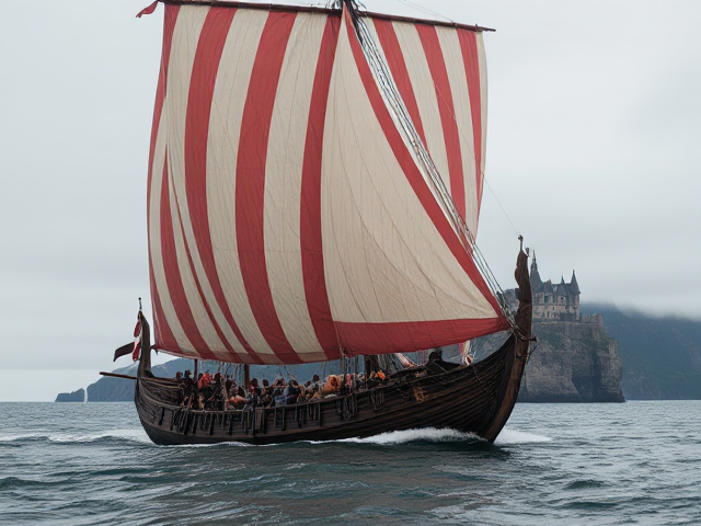 Bateau viking de type drakkar avec une grande voile rayée rouge et blanc, avançant vers la côte anglo-saxonne par temps nuageux, voiles majestueusement gonflées par le vent. L'équipage est en pleine activité, manœuvrant le navire. En arrière-plan se dresse une imposante abbaye du 9ème siècle à l'architecture romane, située sur des falaises qui surplombent une mer tumultueuse