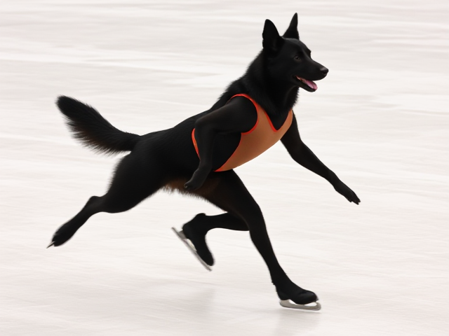 anthropomorphic black German shepherd, wearing a vibrant gymnastics leotard, gracefully ice skating on a smooth rink, dynamic motion captured