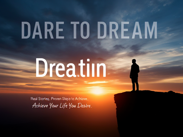 "Create a image 'Dare to Dream: Real Stories, Proven Steps to Achieve the Life You Desire.' The cover should feature a dynamic sky, transitioning from darkness to a bright sunrise, symbolizing hope and new beginnings. In the foreground, include a silhouette of a person standing on a cliff's edge, looking out into the horizon with a sense of accomplishment and anticipation. The title 'Dare to Dream' should be large and prominent, with a clean, modern font, while the subtitle is smaller and positioned beneath it. Use a color palette that blends deep blues, purples, and orange hues, creating an uplifting and motivational tone."