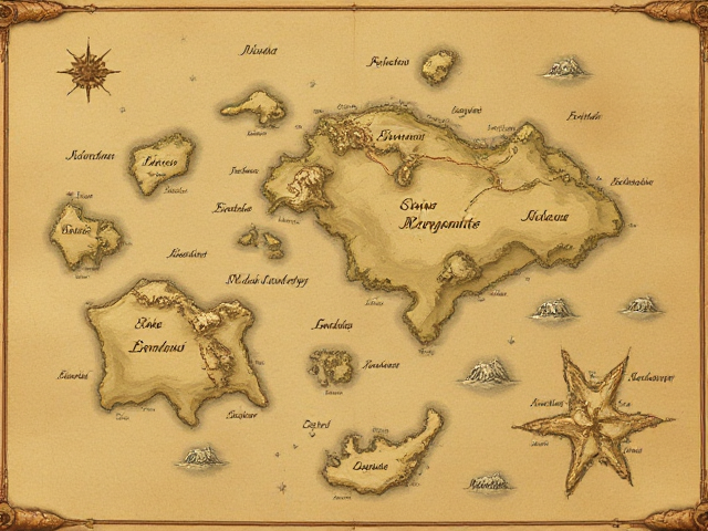A flat fantasy map on a paper of a lot of big and small islands with fantasy cursive writing names that you can’t even read and kingdoms with no color, anime