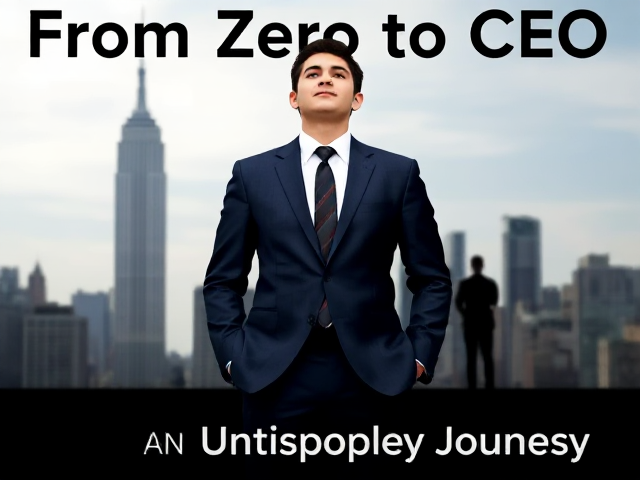 A young man stands confidently in a crisp business suit, looking up at a towering city skyline with ambition in his eyes. Behind him, a shadow of his younger self in casual clothes stands in a darker, humble setting. Bold text at the top reads 'From Zero to CEO,' with 'An Unstoppable Journey' in smaller text below. The image style is bold and inspiring, showcasing growth and ambition."