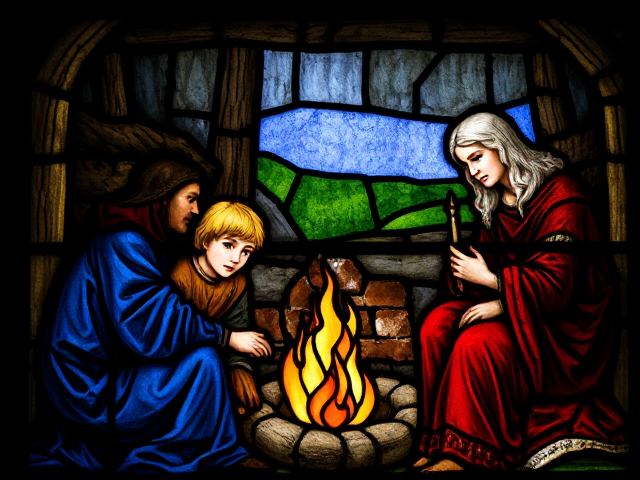 A medieval stained glass of a young Pictish blonde boy sitting by a fire with his tribal parents