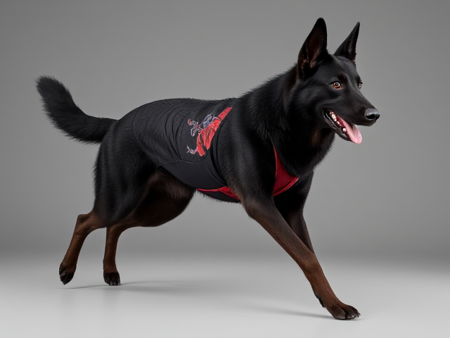 Anthropomorphic black German shepherd wearing a detailed gymnastics leotard, dynamic pose, high detail, vibrant colors, realistic fur texture