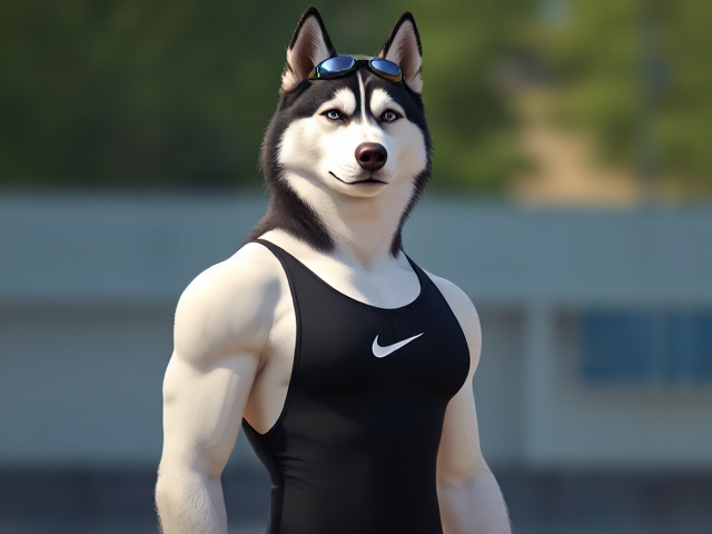 A tall and lean anthropomorphic Siberian husky with a long torso and broad shoulders wearing a high cut Nike one piece swimsuit and swimming goggles