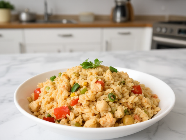 in a well appointed kitchen on a table, there is This keto cauliflower fried rice is a low-carb version of the classic dish, packed with chicken, veggies, and scrambled eggs. It's quick, flavorful, and perfect for meal prep. A satisfying lunch that hits all the right notes without the carbs!