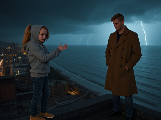 A petite 12-year-old girl with strawberry blonde hair, wearing a hooded pullover and jeans, is standing on the roof ledge of a night club. Next to her on the roof, standing nearby is a modern-day, pale skinned vampire in his late twenties, with blonde hair, dressed in a brown trench coat and jeans. He appears uneasy as he looks at her. The girl gestures angrily at him, flailing her arms outwards and scowling at him. A thunderstorm approaches the cityscape from the sea shore. Set at night.
