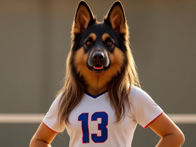 A tall anthropomorphic long haired German shepherd volleyball player in her volleyball uniform