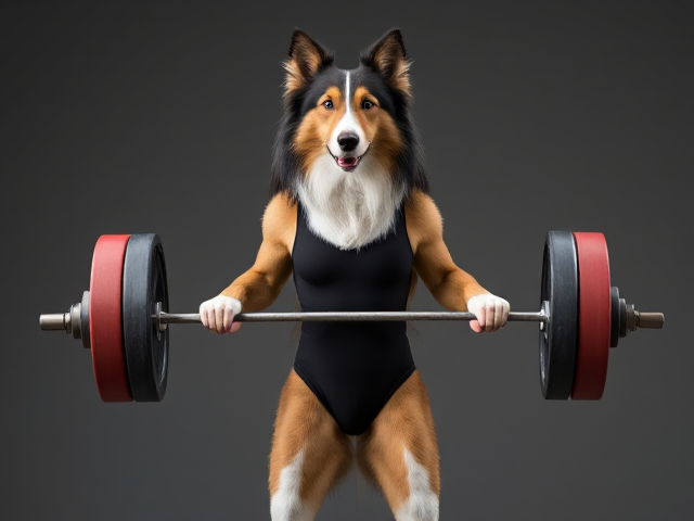 A anthropomorphic Rough collie wearing a leotard lifting a barbell, full body view