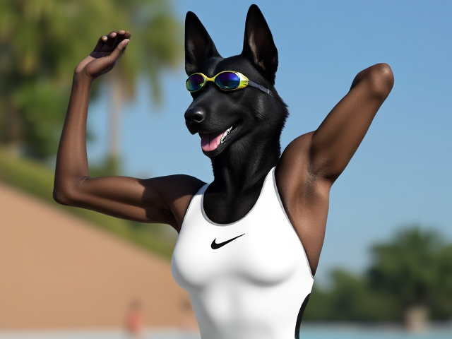 A tall and lean anthropomorphic black German shepherd with a long torso and broad shoulders wearing a white high cut Nike one piece swimsuit and swimming goggles, stretching her arms