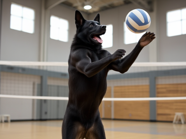 Anthropomorphic black German shepherd playing volleyball in a gymnasium, focus on muscular build and athletic stance