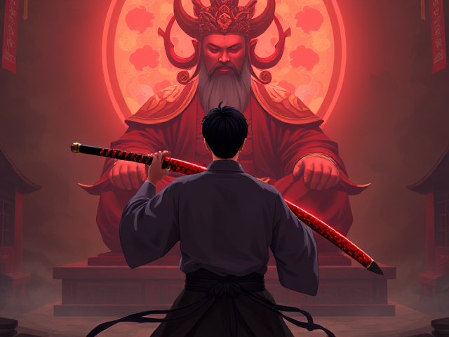 A man with short black hair, wielding a magical glowing red and black Chinese-style katana, wearing traditional Chinese mythology clothing. He is facing away, staring at the enormous figure of Shangdi, the god of all gods, who is sitting cross-legged in front of him. The scene is depicted in an anime style