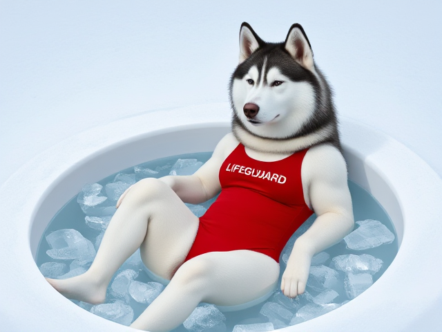 A anthropomorphic alaskan malamute wearing a red lifeguard one piece swimsuit sitting in a ice bath relaxing her sore muscles
