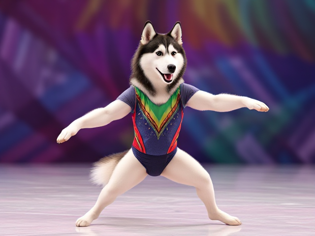 Anthropomorphic Siberian husky in a colorful gymnastics leotard, striking a dynamic pose, vibrant background