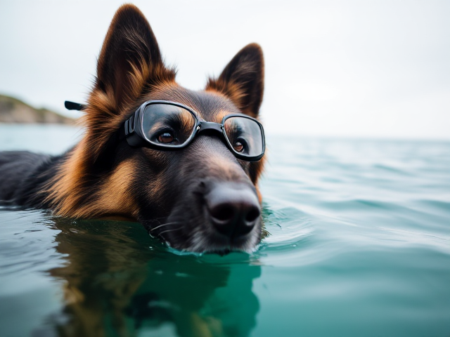 A Long haired German shepherd wearing freediving goggles pops her head above the water to take a breath