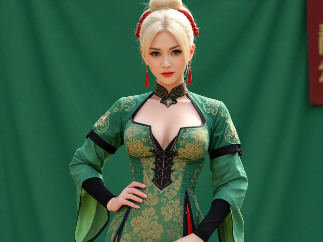 Genshin impact character who is a cultural teacher at the Akademiya in Sumeru. Female with platinum blonde hair with red at the tips. Her hair having a small bun at the top with tassels . With sea foam green eyes. Her skin sun kissed. Wearing a calf length dress with with a slit on it going up to her hip. The sleeves being the neckline of the dress. Going from her chest to her shoulders leaving her collarbone area bare showing some cleavage with traditional Chinese designs on it. A corseted middle of the dress And a neck color piece. With under sleeves of black and green and gold. thigh highs and high heals. Her colors being green, gold, black, a small amount of red and blue.