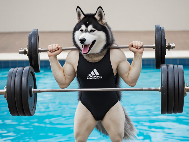 A anthropomorphic Siberian husky wearing an adidas swimsuit deadlifting a barbell on a pool deck