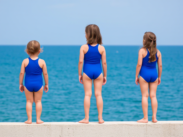 Three small girls in blue one piece swimsuits stood on wall