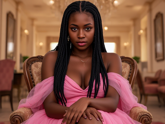 jeune femme noire de 19 ans avec des tresses, portant une élégante robe rose, assise gracieusement sur une chaise dans un environnement lumineux et détaillé