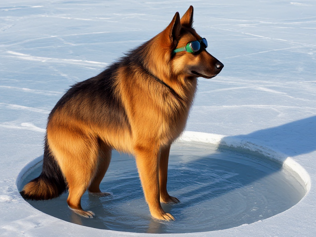 A tall anthropomorphic long haired German shepherd with a long torso and broad shoulders wearing a Nike bathing suit and swimming goggles while standing in a hole in the ice