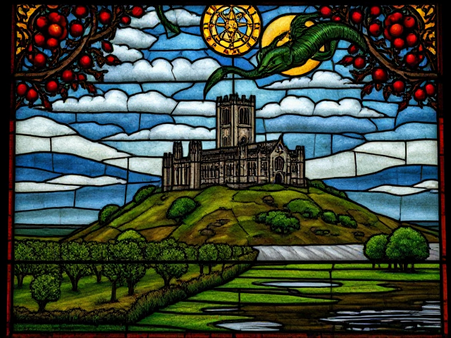 A medieval stained glass of a medieval Abbey on Glastonbury Tor surrounded by an apple orchard and misty marshes with a Leviathan rising in the foreground.