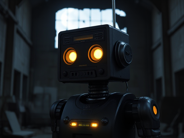 An old retro-style robot with the head of a vintage cassette radio player. The radio has cassette slots and speakers, and the glowing eyes are the speakers of the radio. The robot’s body is cyberpunk-style, sleek and black with glowing yellow lights integrated into its design. The scene is set inside an abandoned factory with no artificial lights, only moonlight shining through a broken window, casting dramatic shadows. The atmosphere is dark, mysterious, cinematic, with high detail and realistic textures.