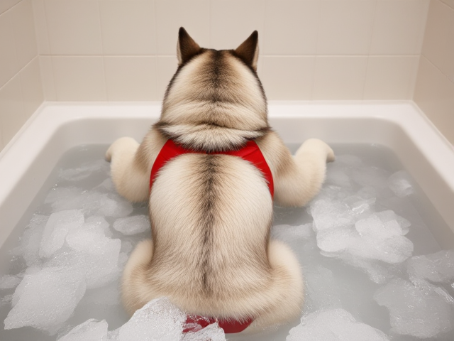 A anthropomorphic alaskan malamute wearing a red lifeguard one piece swimsuit sitting in a ice bath relaxing her sore muscles