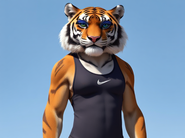 A tall anthropomorphic tiger with a long torso, wearing a high cut Nike one piece swimsuit and swimming goggles