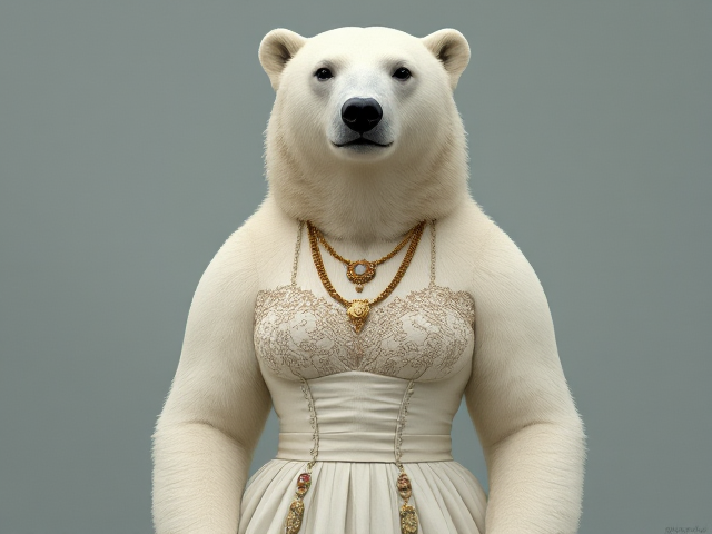 Image d'une femelle ours polaire 
Qui se tient debout de face 
Habillé d'une robe et de bijoux vintage